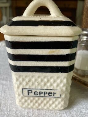 Vintage Hand Painted Japan Striped Ceramic Pepper Canister - Black and Cream